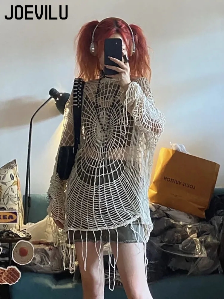 Street Fashion Korean - JOEVILU Hollow Knit bluzki z kapturem