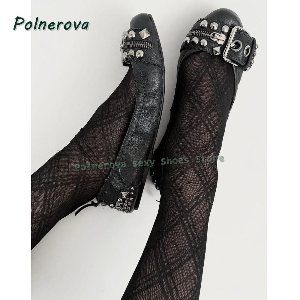 Street Fashion Women - Buty Mary Jane z nitowaną klamrą,