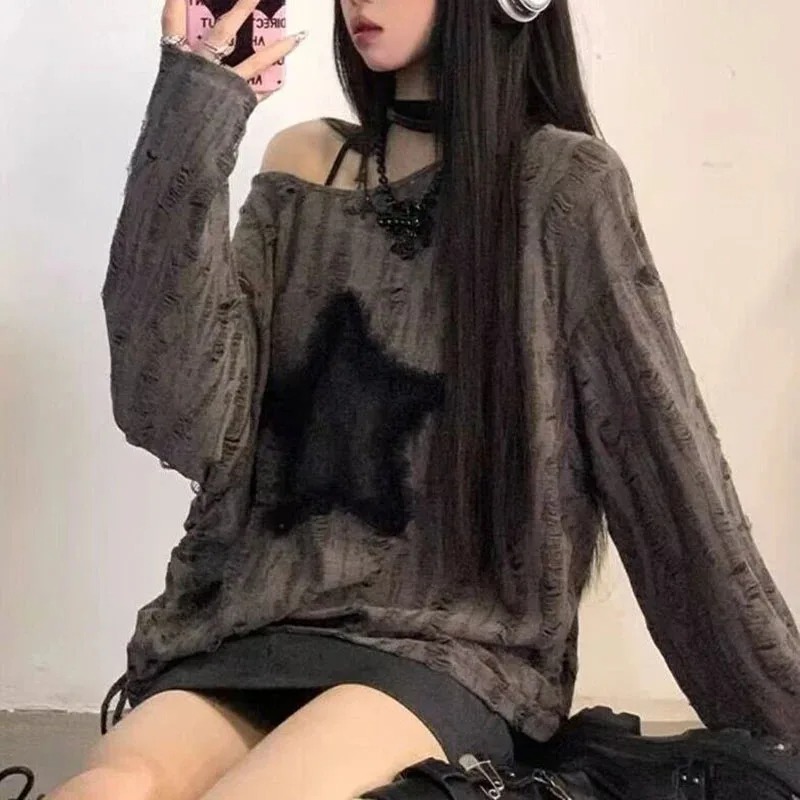 Street Fashion Kpop - Koszulka damska Y2K z dziurami i
