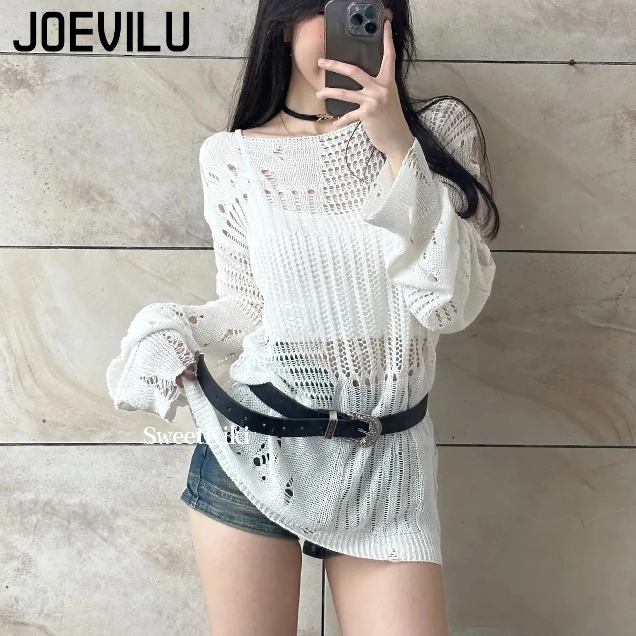 JOEVILU Hollow dzianinowa bluz – Street Fashion Korean recenzja i cena